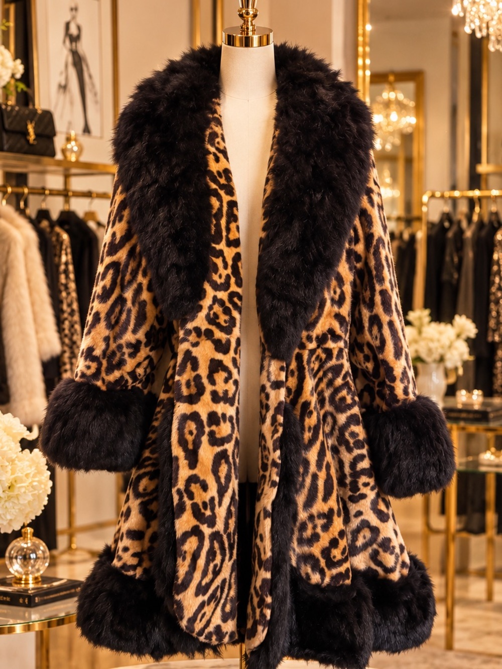 Robert Meshekoff Vintage Leopard Print Princess Coat with Black Fur Trim